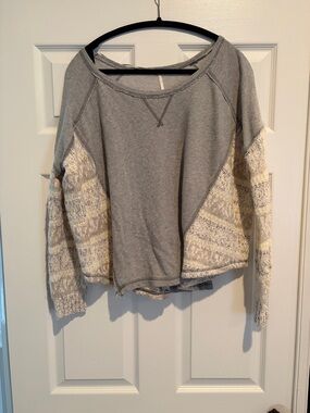 Free People Heather Gray Crew Sweater with Cream Patterned Sleeves